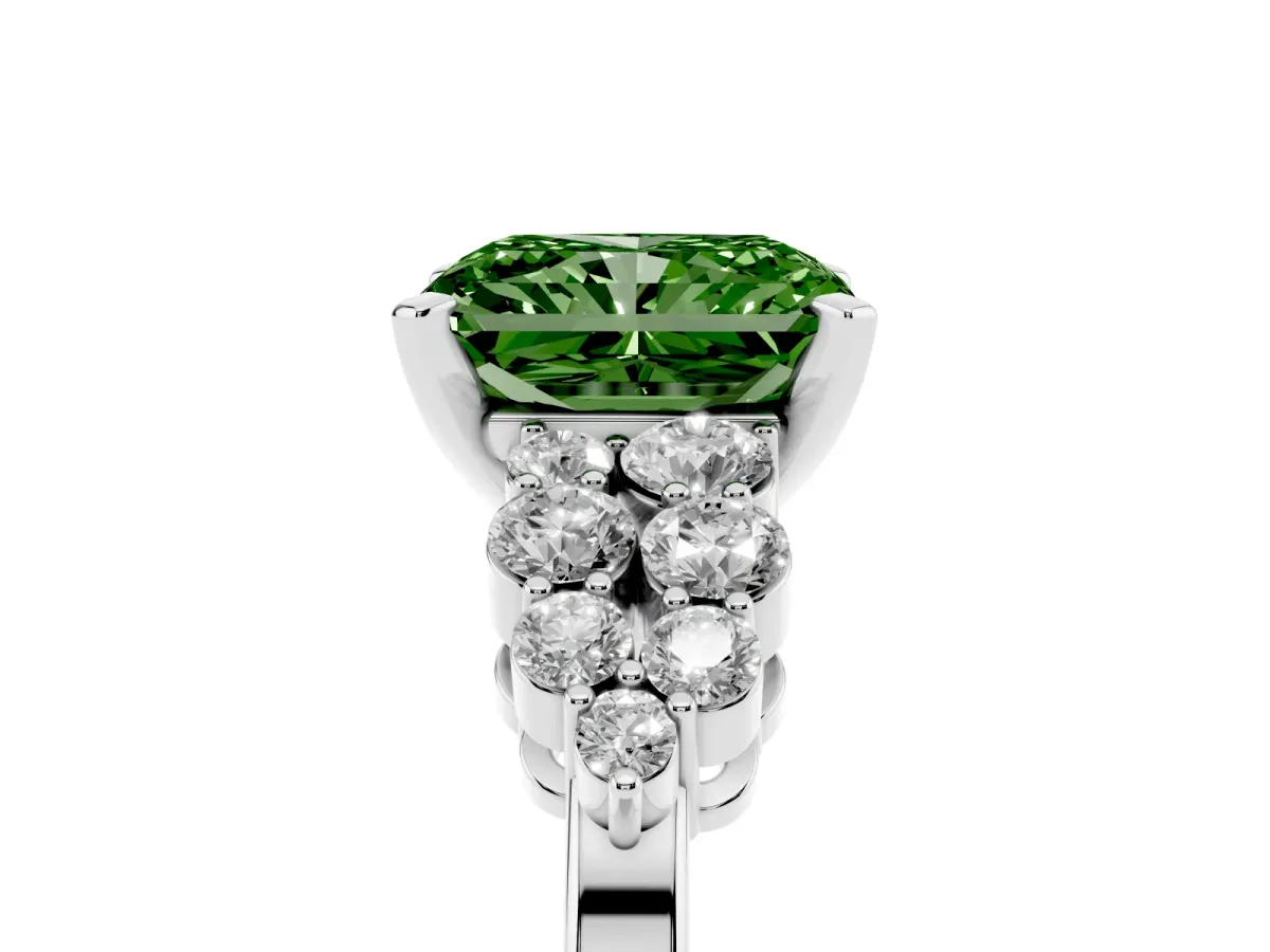 Fancy Green Radiant Cut Cluster Diamond Engagement Ring with Pavé Band and Four-Prong Setting Platinum