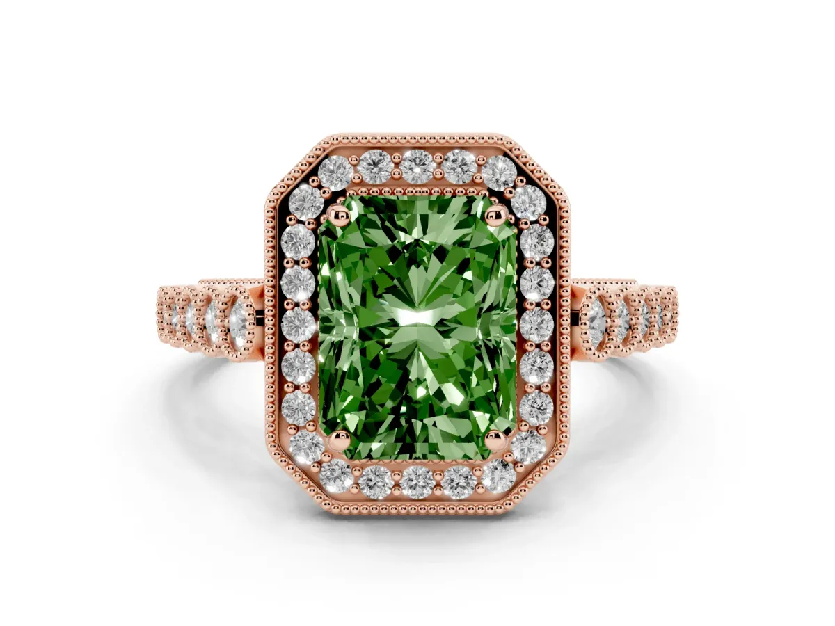 Fancy Green Radiant Cut Halo Milgrain Solitaire with Bezel Set Side Stones and Pave Band Rose gold