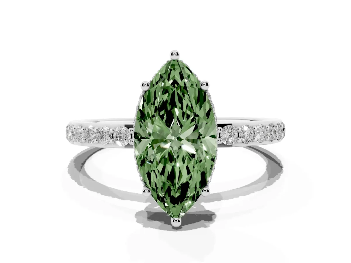 Fancy Green Marquise Cut Diamond Solitaire Ring with Pavé Band and Hidden Halo White gold