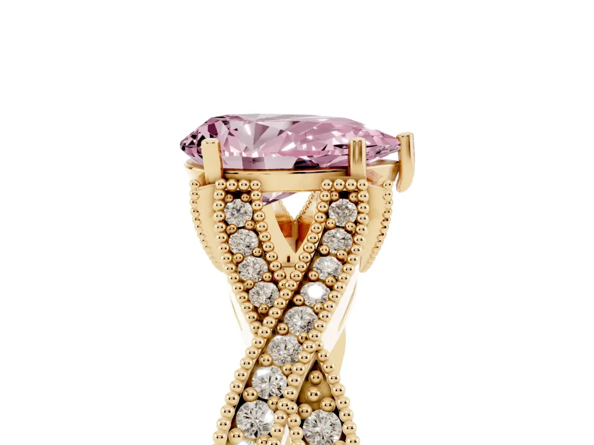 Fancy Pink Pear Cut Cut Diamond Twisted Band with Milgrain Pave Setting and Four-Prong Setting Yellow gold
