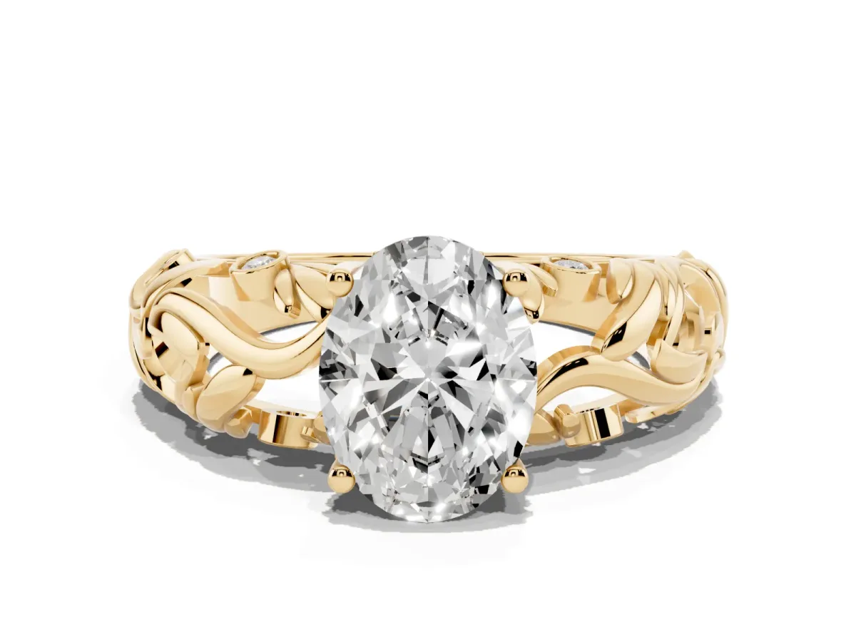 Oval Cut Solitaire Diamond Leaf-Inspired Vine Band Ring with Prong Setting Yellow gold