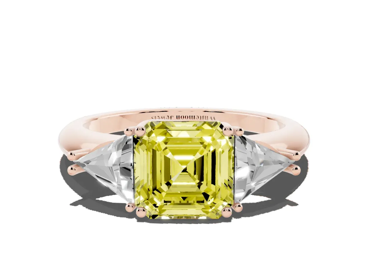 Fancy Yellow Three-Stone Asscher Cut Diamond Engagement Ring with Trillion Side Stones and Prong Setting Rose gold