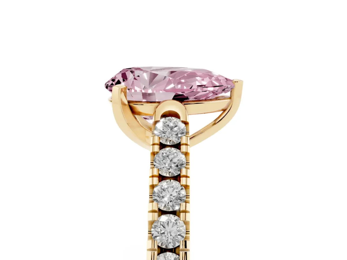 Fancy Pink Pear Cut Diamond Pavé Band Solitaire Ring with Prong Setting Yellow gold