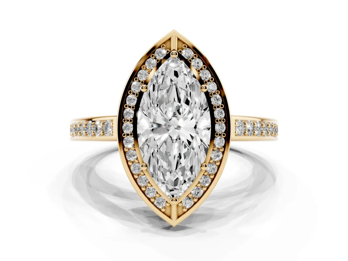 Marquise Cut Cut Halo Pave Split Shank Prong Setting Ring Yellow gold