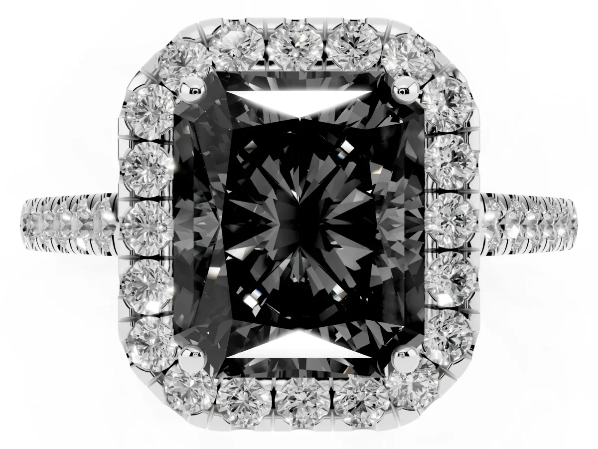 Fancy Black Radiant Cut Halo Pave Diamond Engagement Ring with Four-Prong Setting Platinum