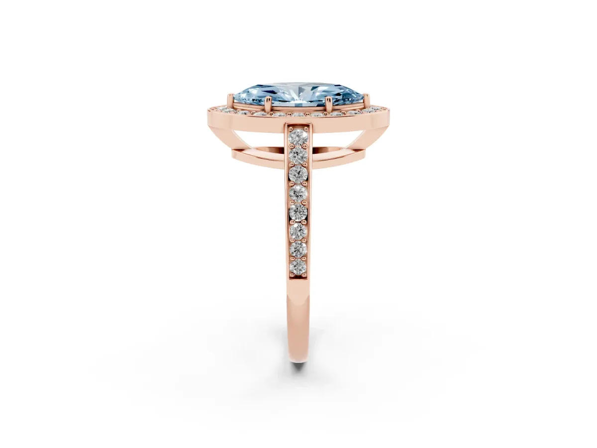 Fancy Blue Marquise Cut Halo Pavé Diamond Engagement Ring with Bezel Setting Rose gold