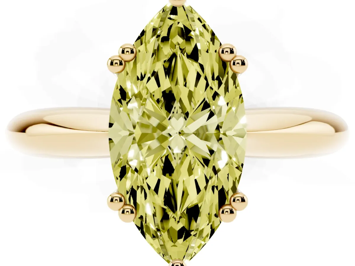 Fancy Yellow Marquise Cut Cut Solitaire Engagement Ring with Tapered Band and Four-Prong Setting Yellow gold