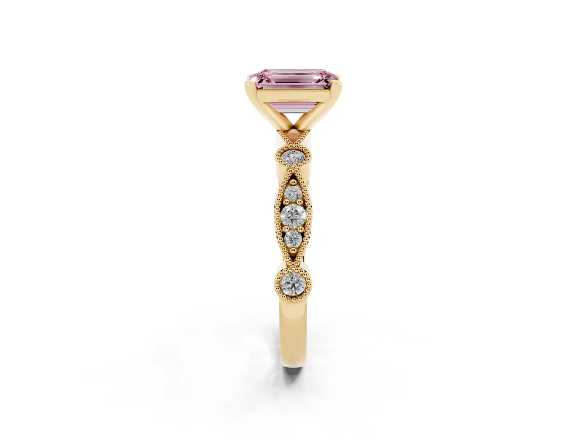 Fancy Pink Emerald Cut Milgrain Bezel Diamond Engagement Ring with Solitaire Prong Setting Yellow gold