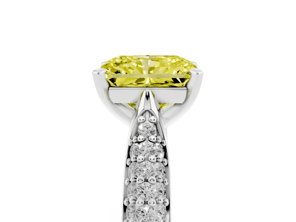 Fancy Yellow Radiant Cut Diamond Solitaire Engagement Ring with Multi-Row Round Pavé Band and Prong Setting Silver