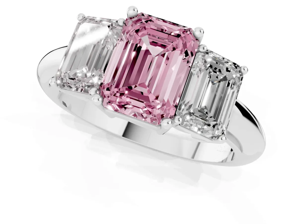 Fancy Pink Three-Stone Emerald Cut Cut Diamond Engagement Ring with Prong Setting on a White Gold Band White gold