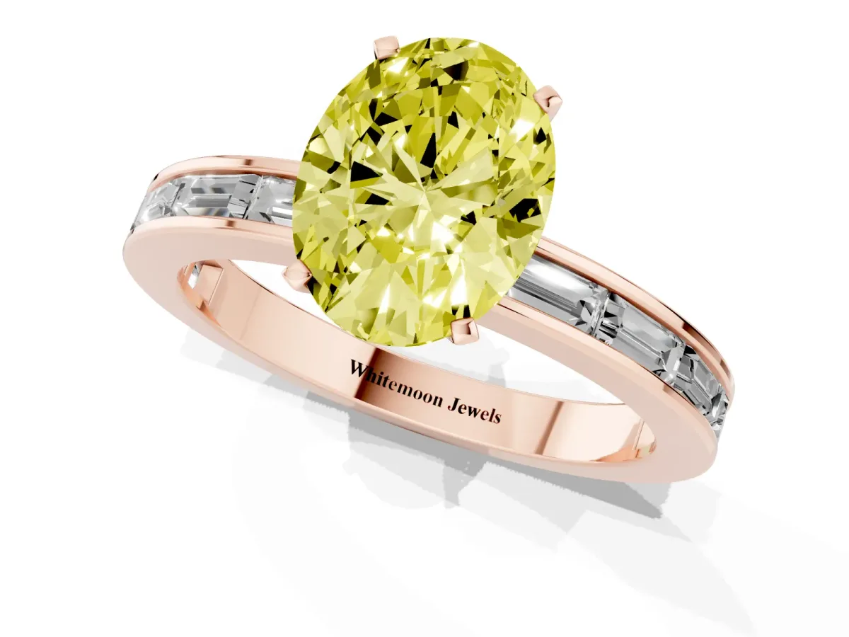 Fancy Yellow Oval Cut Solitaire Diamond Ring with Channel-Set Baguette Band and Four-Prong Setting Rose gold