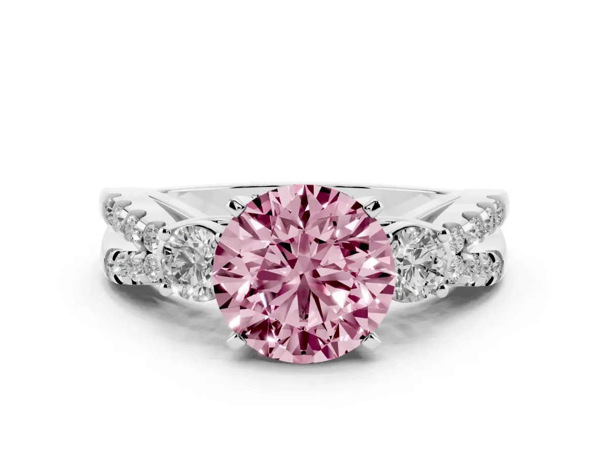 Fancy Pink Round Cut Diamond Three-Stone Ring with Pavé Split Shank and Four-Prong Setting Silver
