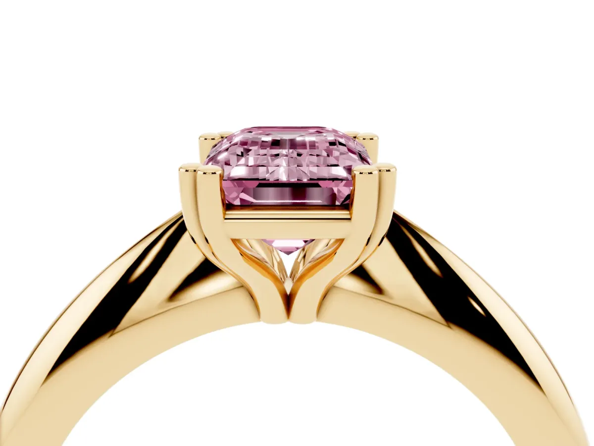 Fancy Pink Emerald Cut Cut Solitaire Engagement Ring with Tapered Band and Four-Prong Setting Yellow gold