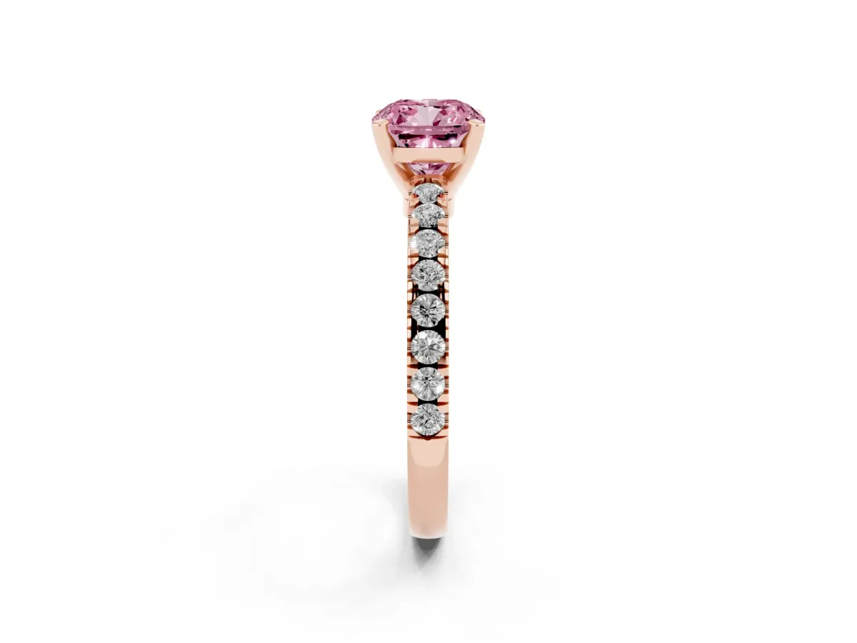Fancy Pink Cushion Cut Solitaire Diamond with Pavé Band and Four-Prong Setting Rose gold