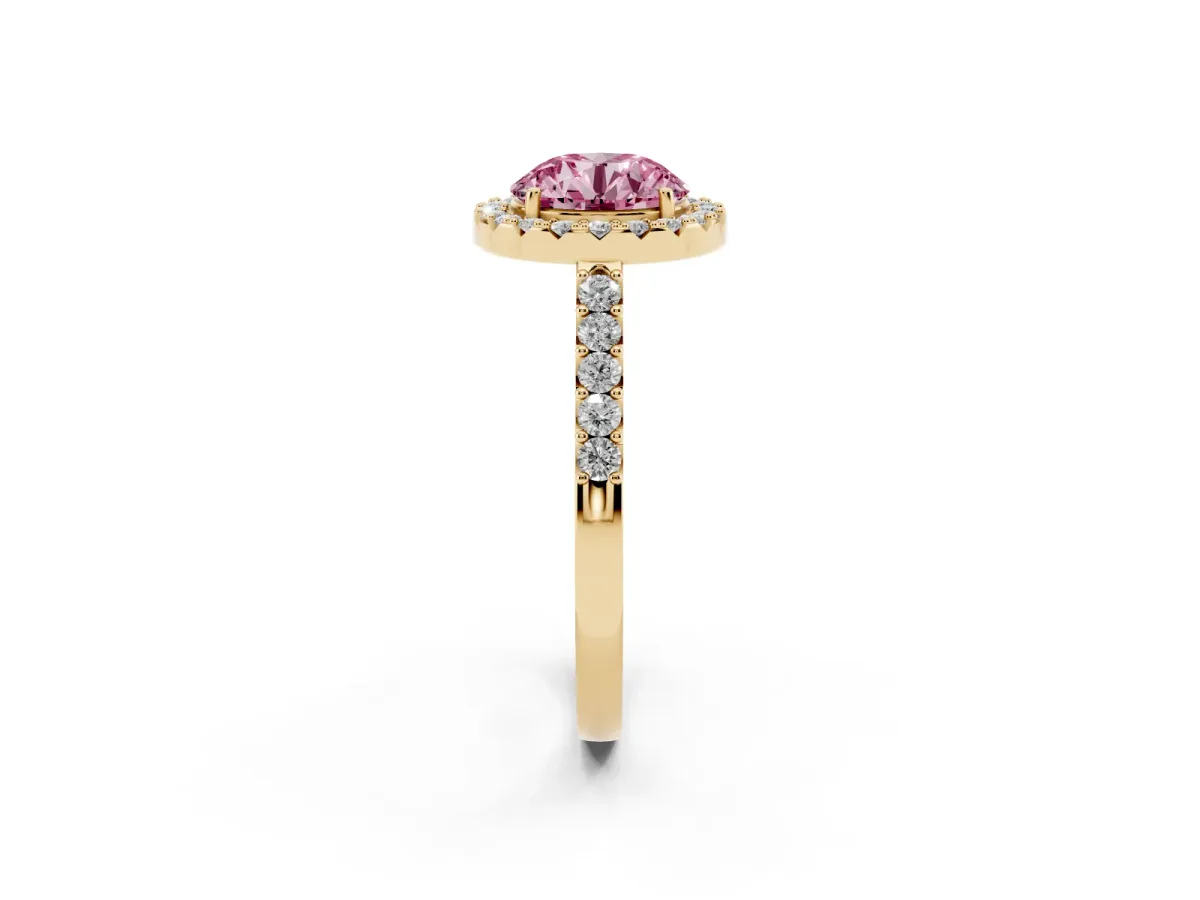 Fancy Pink Round Cut Halo Diamond Pavé Solitaire Ring Yellow gold