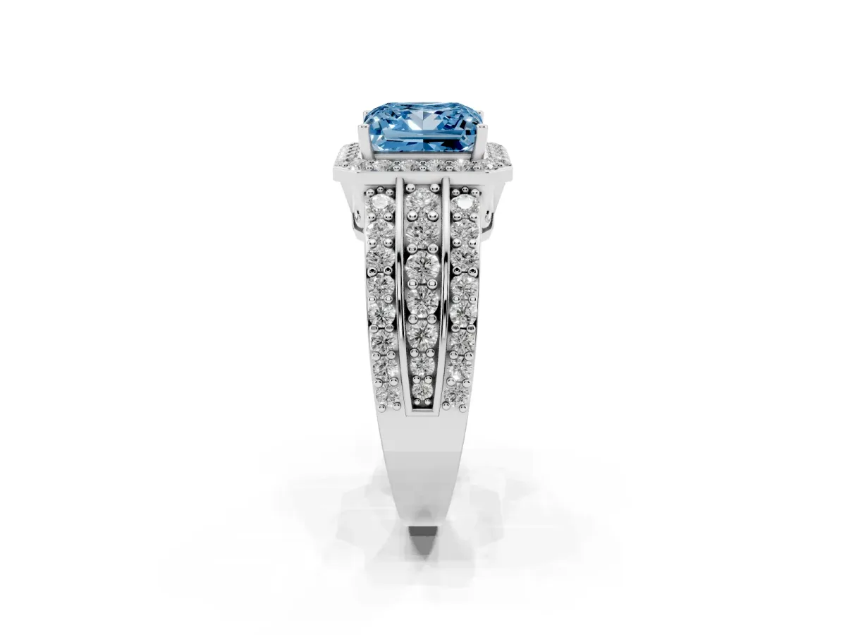 Fancy Blue Princess Cut Halo Diamond Ring with Round Split Shank and Prong Setting Silver