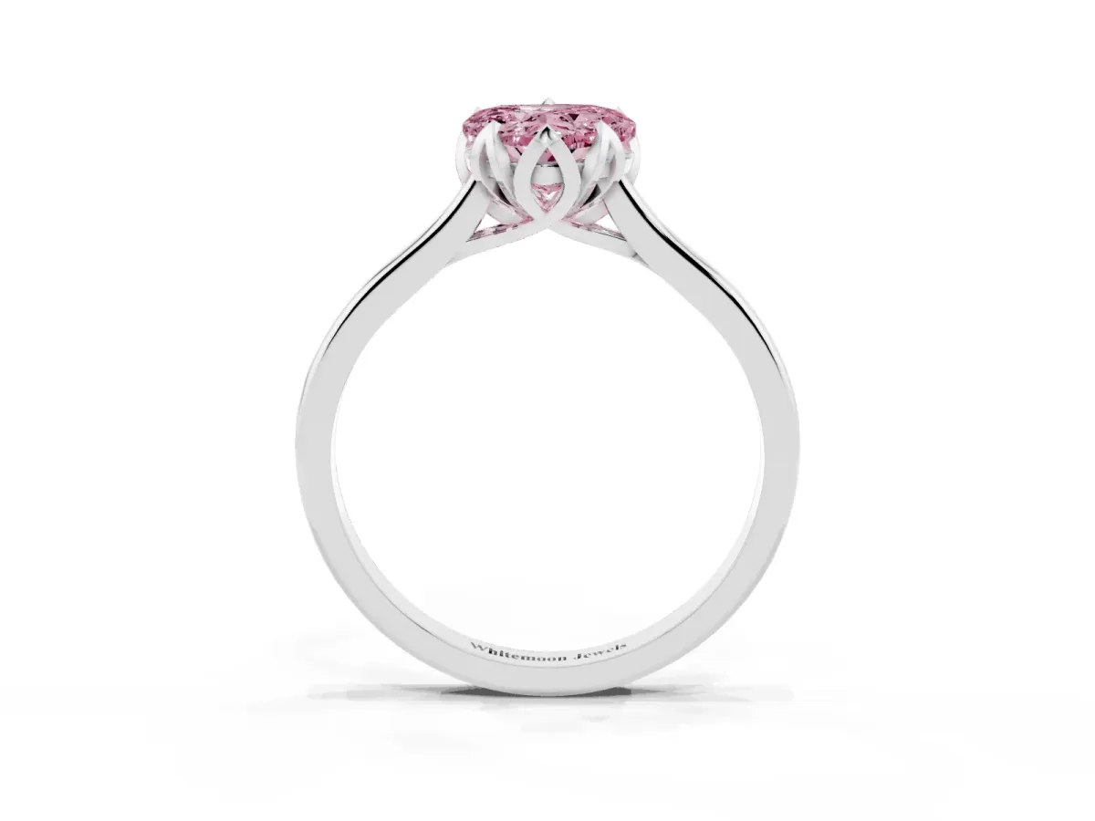 Fancy Pink Heart Cut Diamond Solitaire Ring with Flower Prong Setting and Classic Band Silver