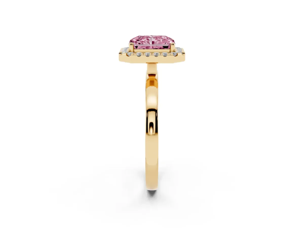 Fancy Pink Radiant Cut Halo Diamond Solitaire with Pavé Band and Four-Prong Setting Yellow gold