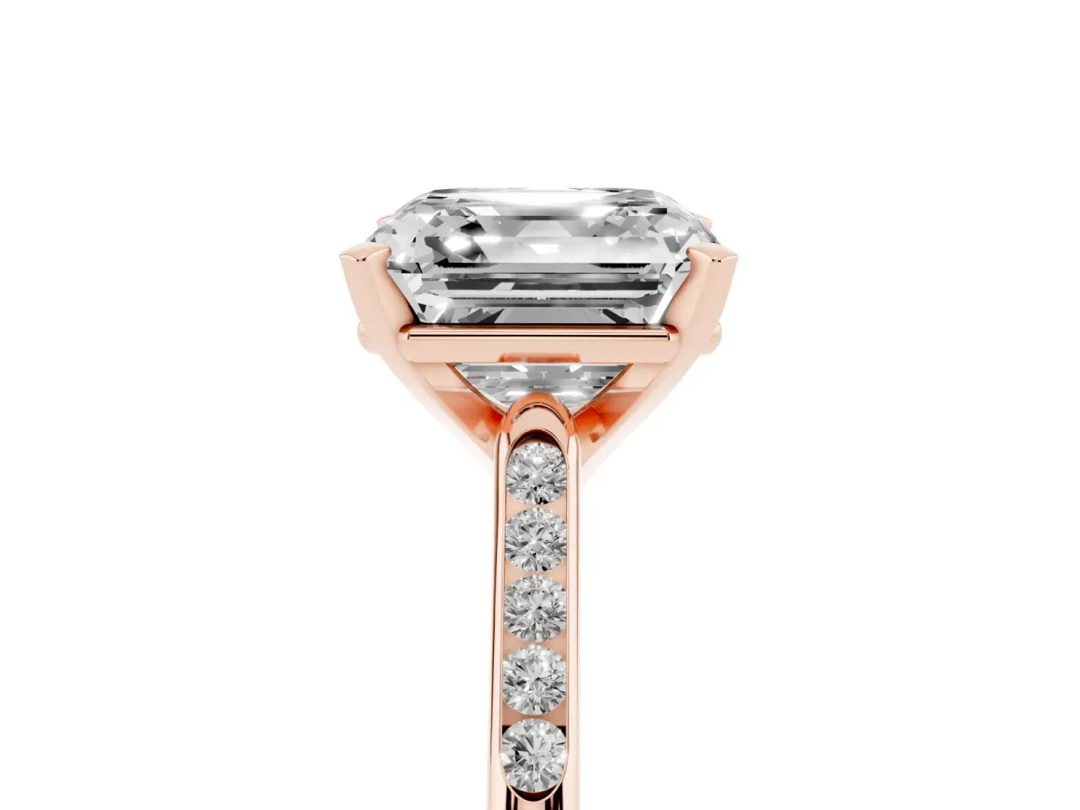 Asscher Cut Diamond Solitaire Ring with Channel Set Round Band and Prong Setting Rose gold
