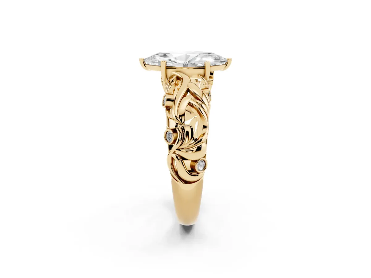 Marquise Cut Solitaire Diamond Leaf-Inspired Vine Band Ring with Prong Setting Yellow gold