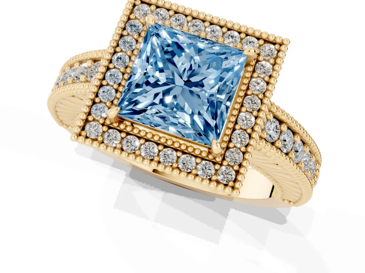 Fancy Blue Princess Cut Cut Halo Diamond Ring with Pavé Band and Four-Prong Setting Yellow gold