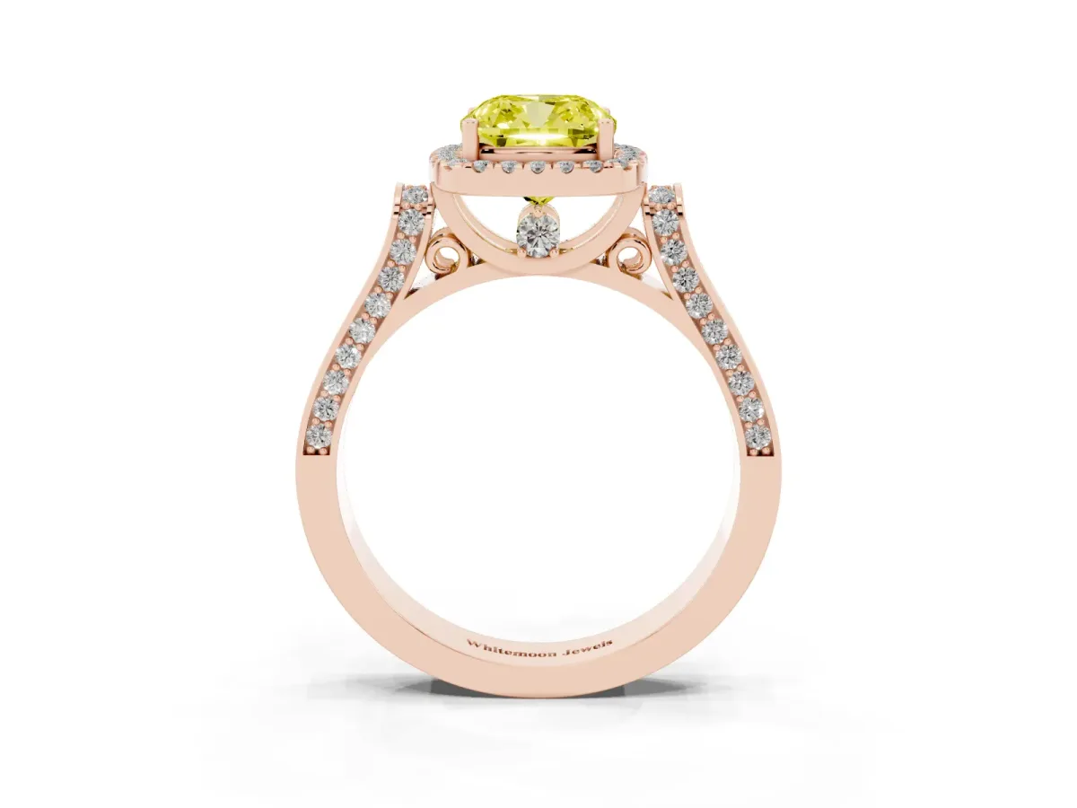 Fancy Yellow Cushion Cut Halo Pave Split Shank Prong Setting Ring Rose gold