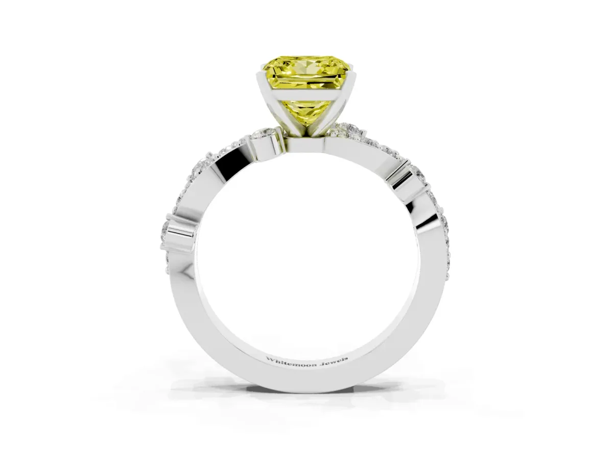 Fancy Yellow Princess Cut Cut Solitaire Diamond Twisted Band with Pave Setting Platinum
