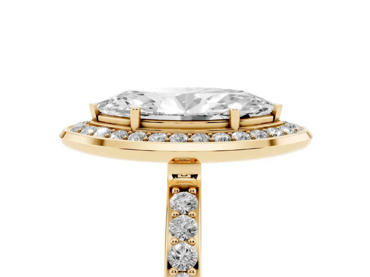 Marquise Cut Diamond Halo Ring with Bezel Frame and Pavé Band Yellow gold