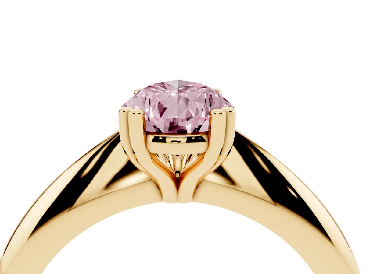 Fancy Pink Pear Cut Cut Solitaire Engagement Ring with Tapered Band and Four-Prong Setting Yellow gold