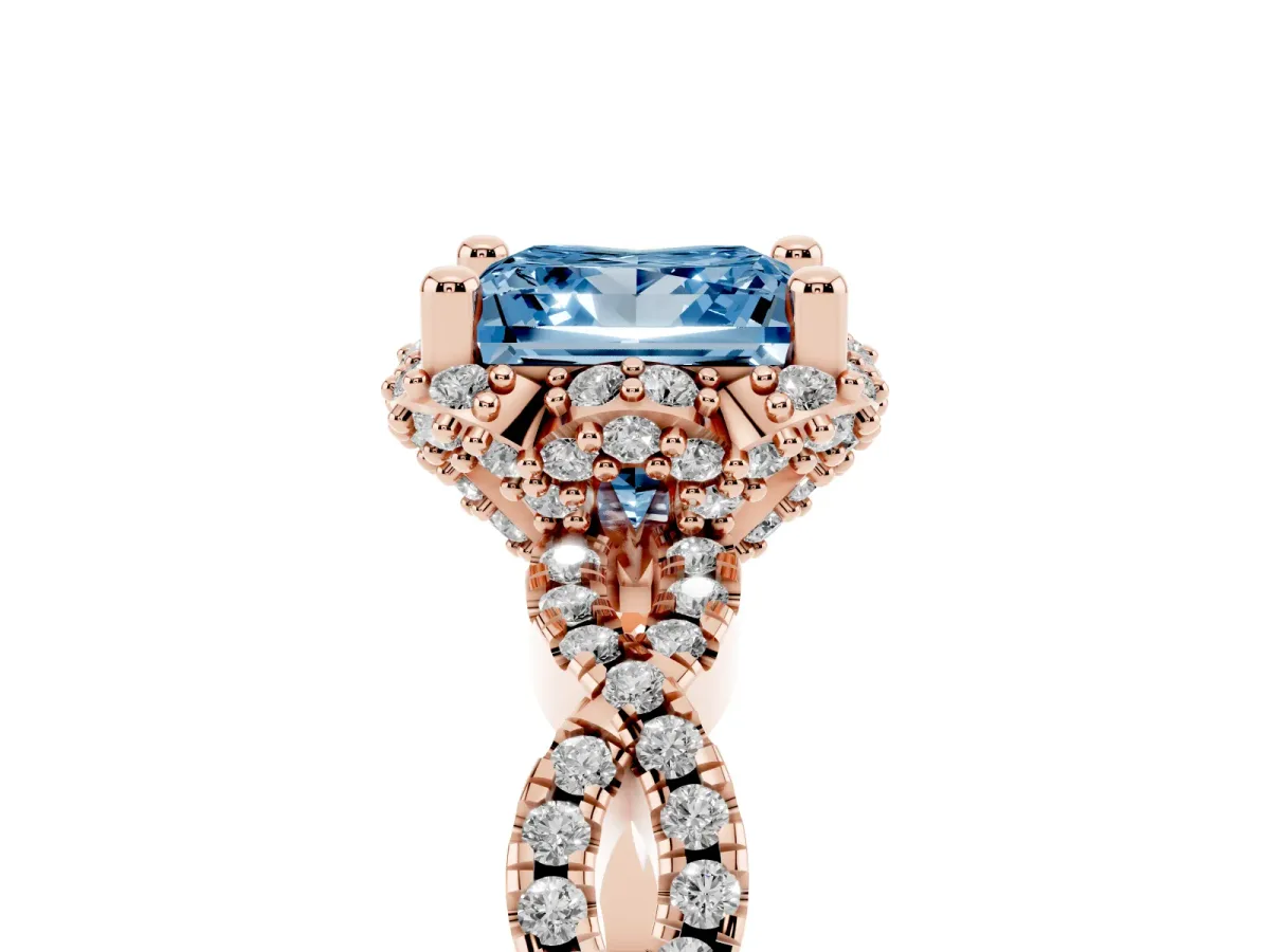 Fancy Blue Princess Cut Halo Twist Band Solitaire Ring with Six-Prong Setting Rose gold