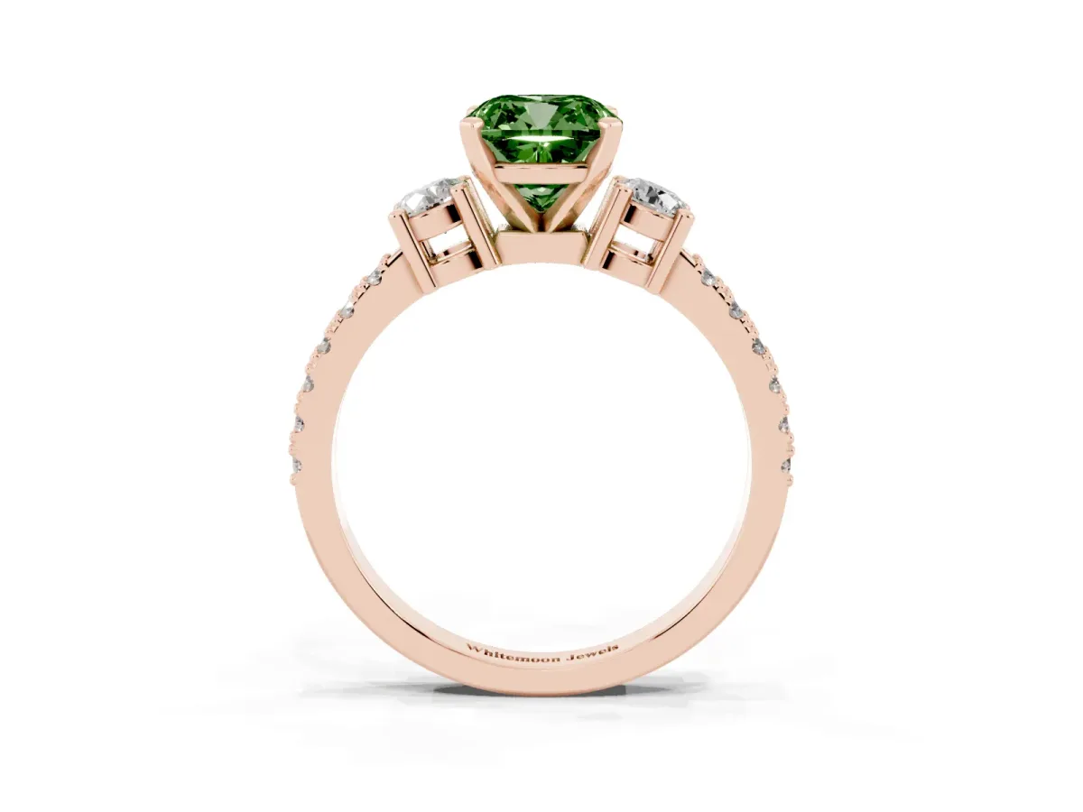 Fancy Green Cushion Cut Three-Stone Diamond Pavé Band with Prong Setting Rose gold