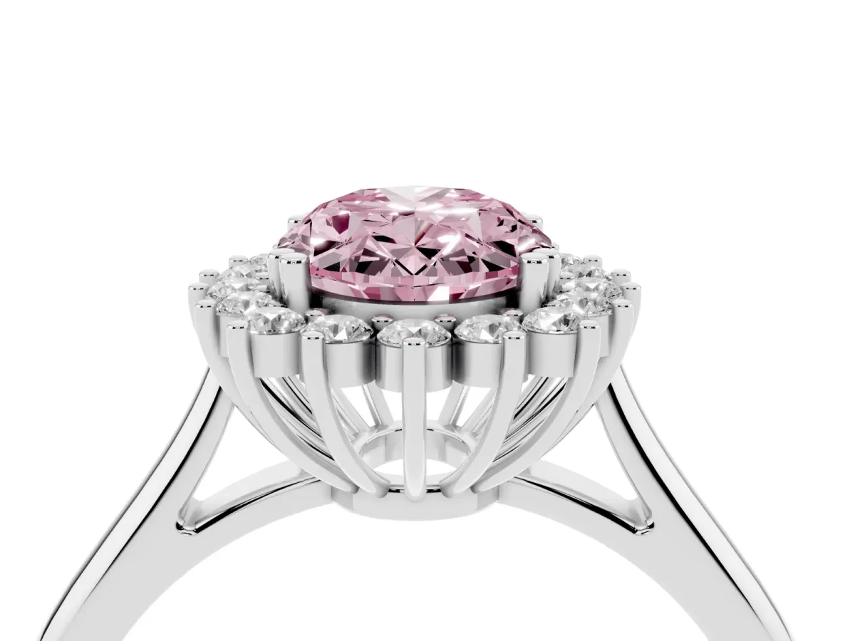 Fancy Pink Oval Cut Cut Diamond Halo Ring with Solitaire Band and Prong Setting Silver