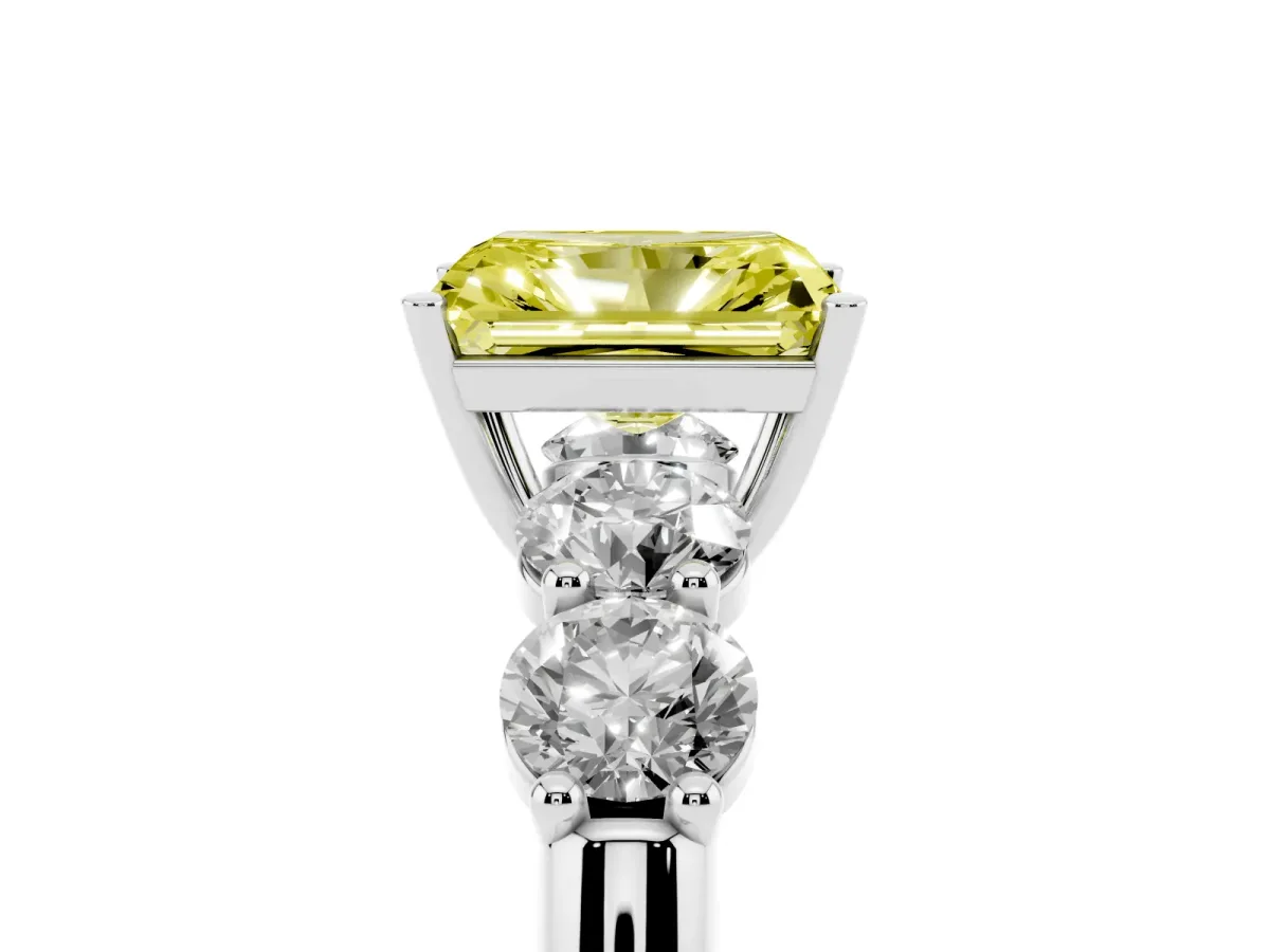 Fancy Yellow Radiant Cut Cut Five-Stone Prong Set Diamond Ring with Classic Band Silver