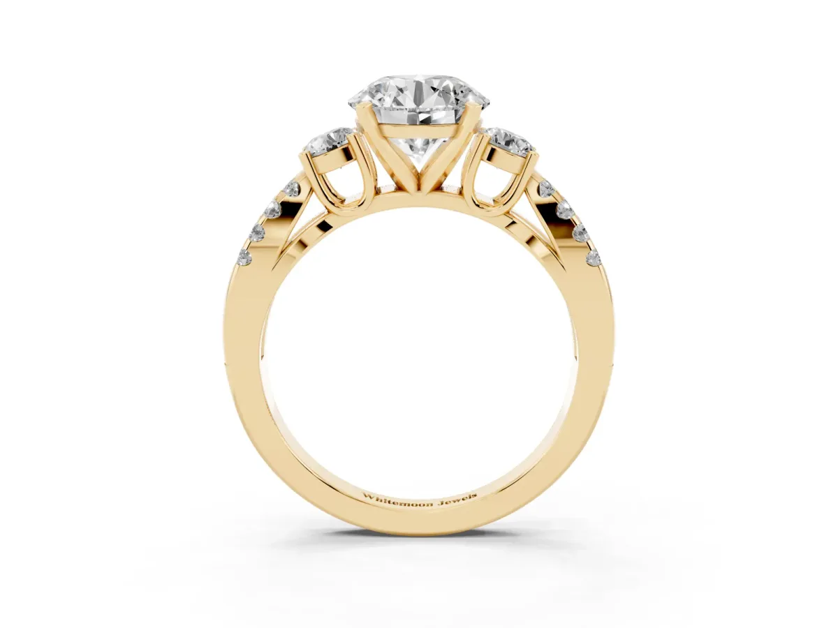 Round Cut Diamond Three-Stone Ring with Pavé Split Shank and Four-Prong Setting Yellow gold