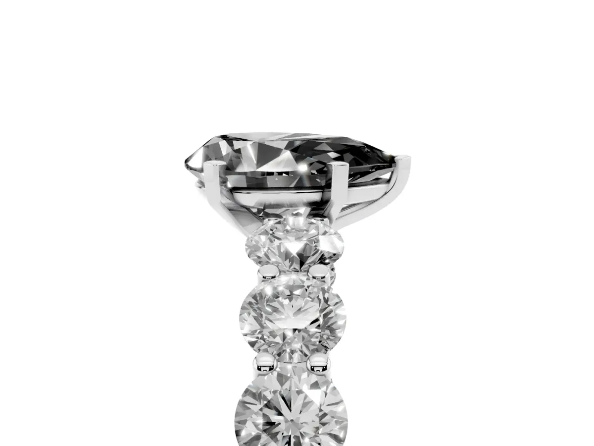 Fancy Black Pear Cut Diamond Prong Setting with Side Stones on a Pave Band Silver