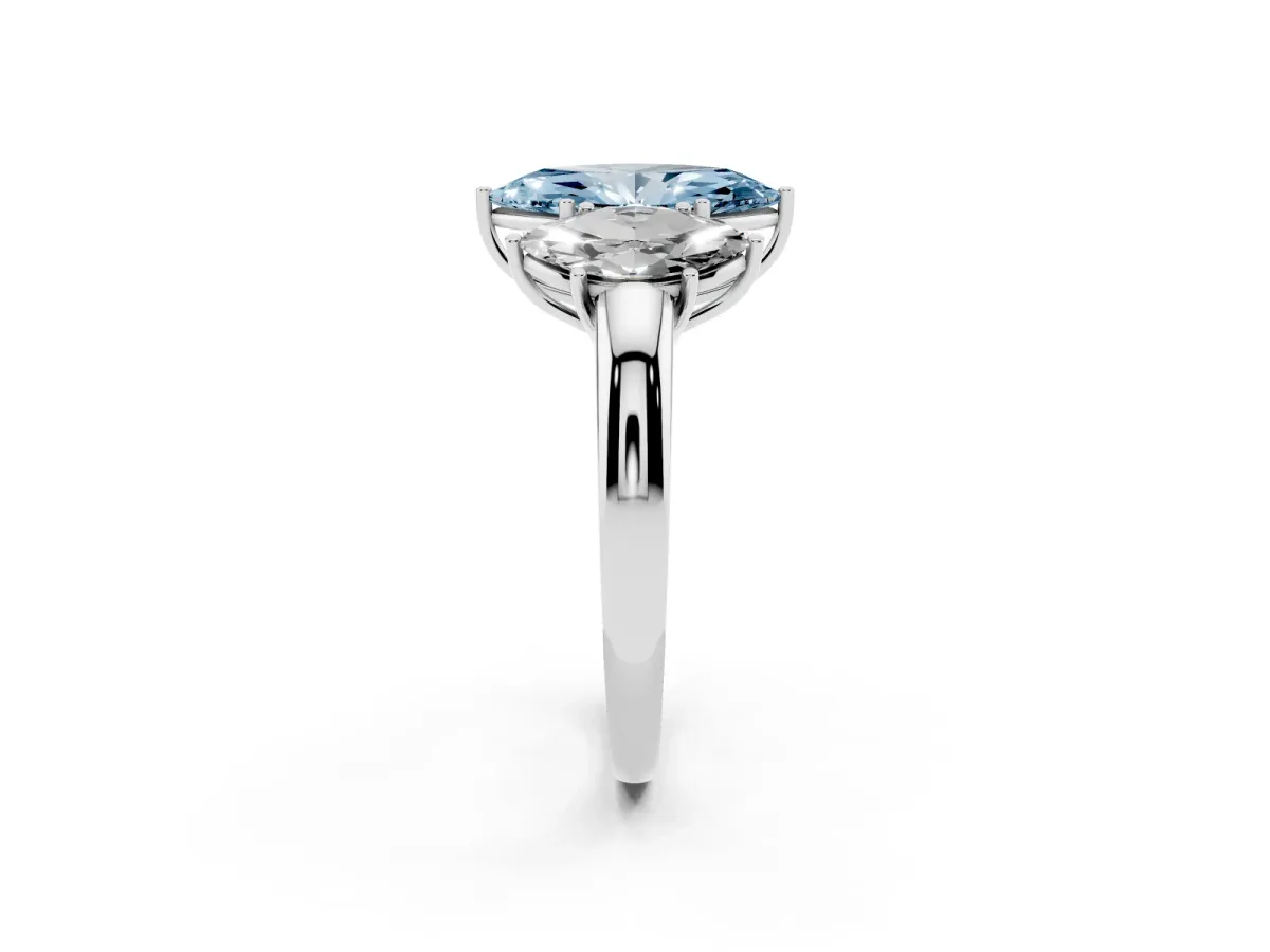 Fancy Blue Marquise Cut Diamond Three-Stone Ring with Four-Prong Setting and Classic Band Silver