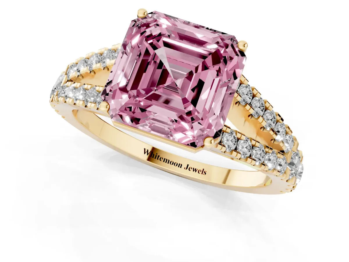 Fancy Pink Asscher Cut Diamond Split Shank Pavé Engagement Ring with Four-Prong Setting Yellow gold