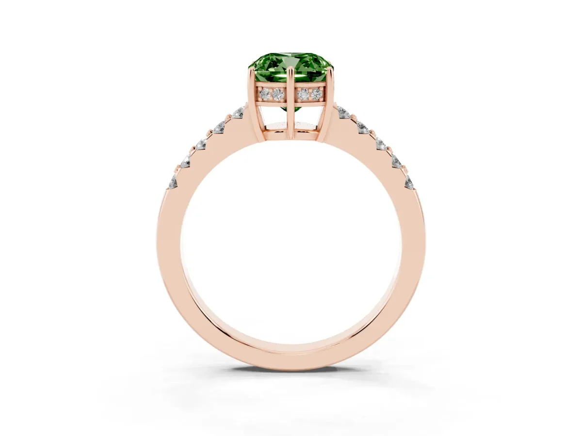 Fancy Green Cushion Cut Solitaire Diamond Engagement Ring with Pavé Band and Six-Prong Setting Rose gold