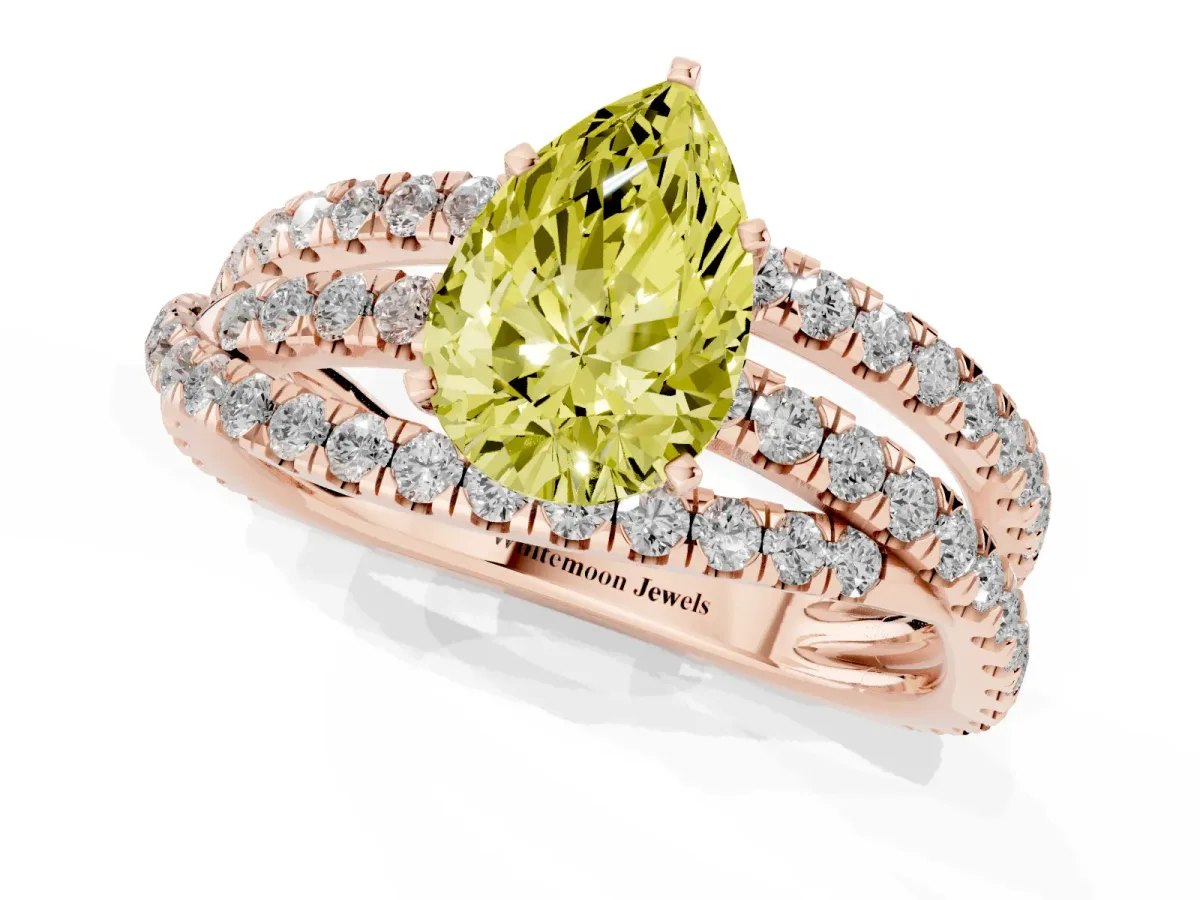 Fancy Yellow Pear Cut Solitaire Twist Band with Pavé Setting and Four-Prong Setting Rose gold