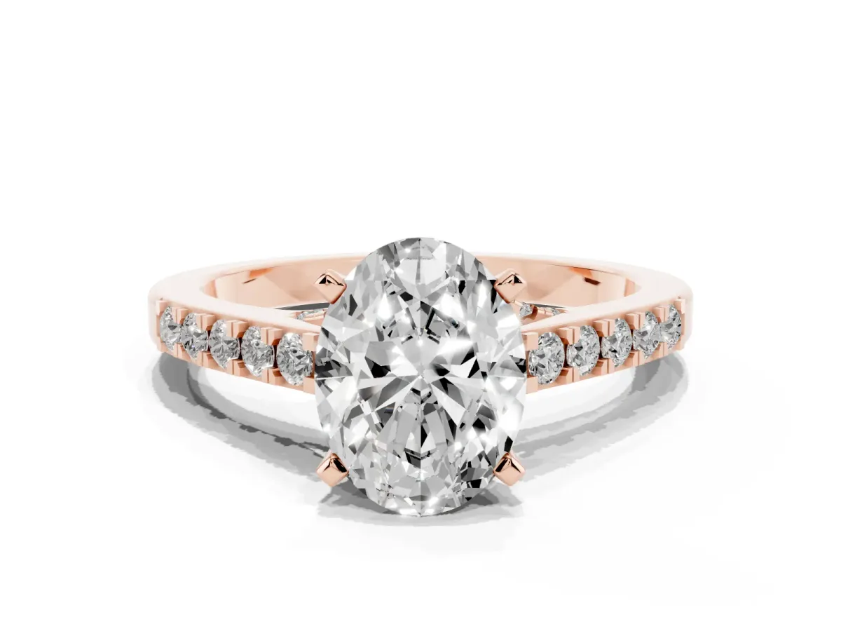 Oval Cut Diamond Solitaire Ring with Crossover Gallery and Round Pavé Band Rose gold