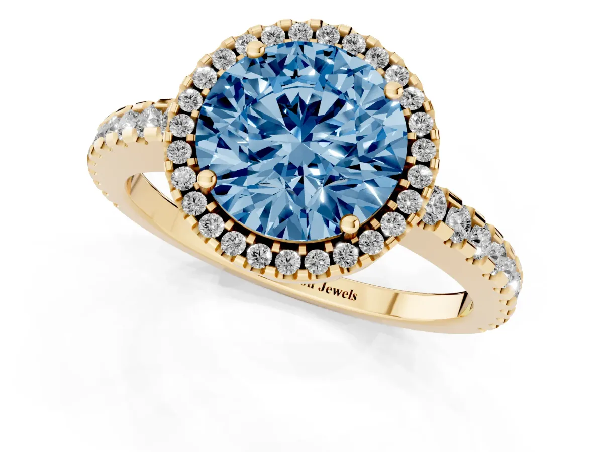 Fancy Blue Round Cut Diamond Halo Engagement Ring with Pavé Band and Prong Setting Yellow gold