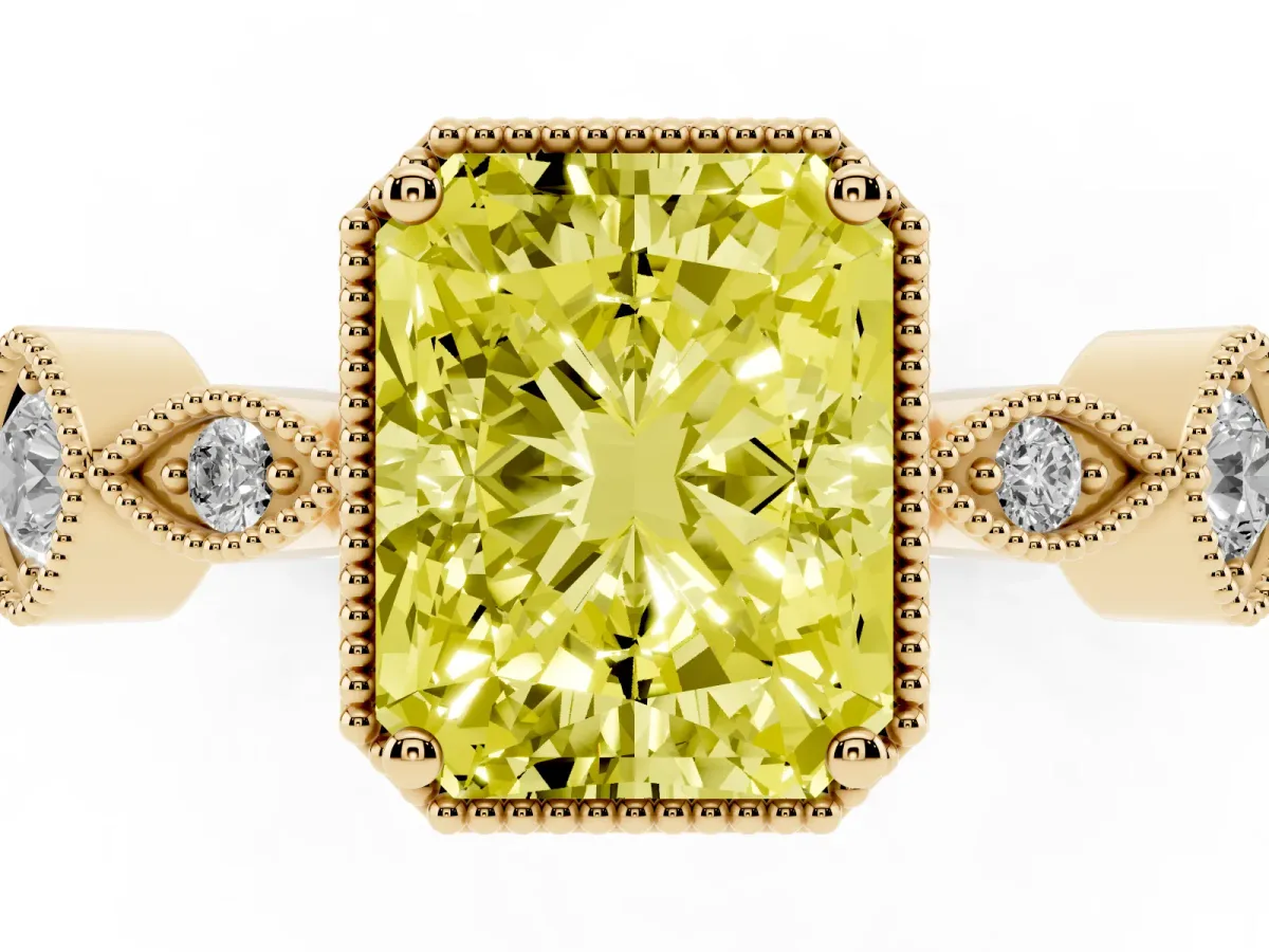 Fancy Yellow Radiant Cut Diamond Vintage Milgrain Ring with Round Stations Yellow gold
