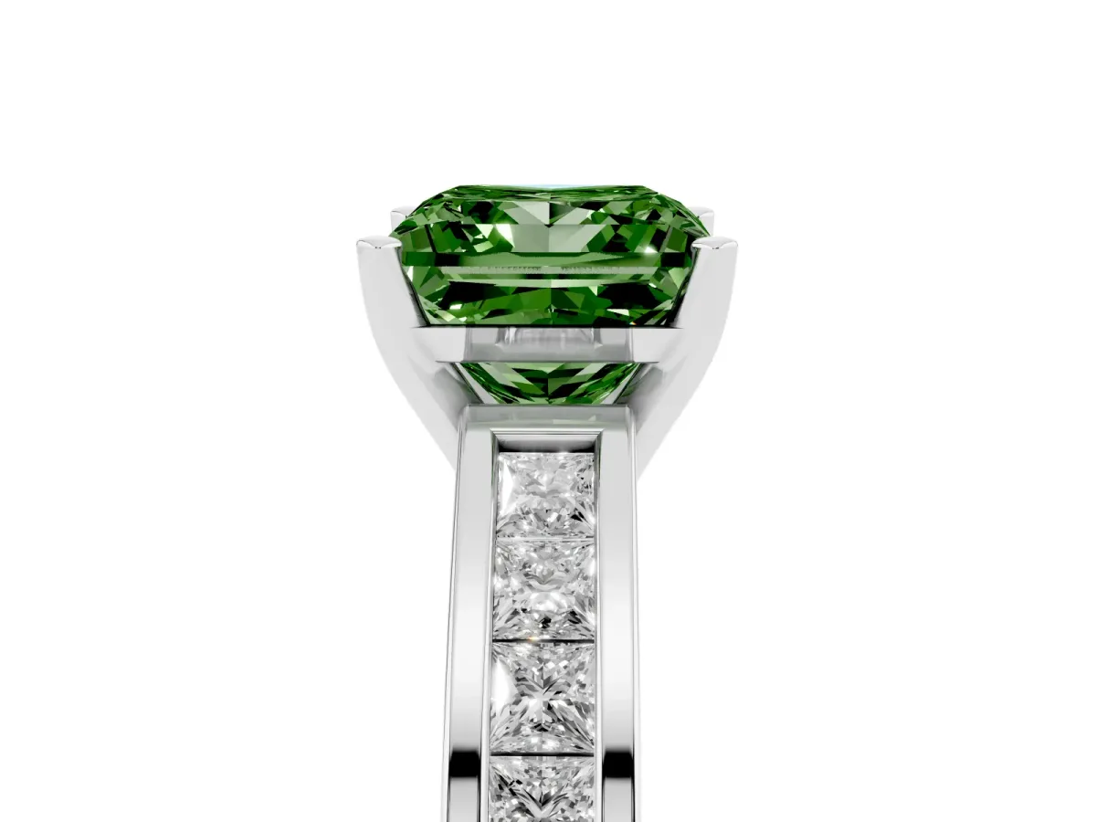 Fancy Green Princess Cut Solitaire Diamond Ring with Channel-Set Band and Four-Prong Setting Platinum