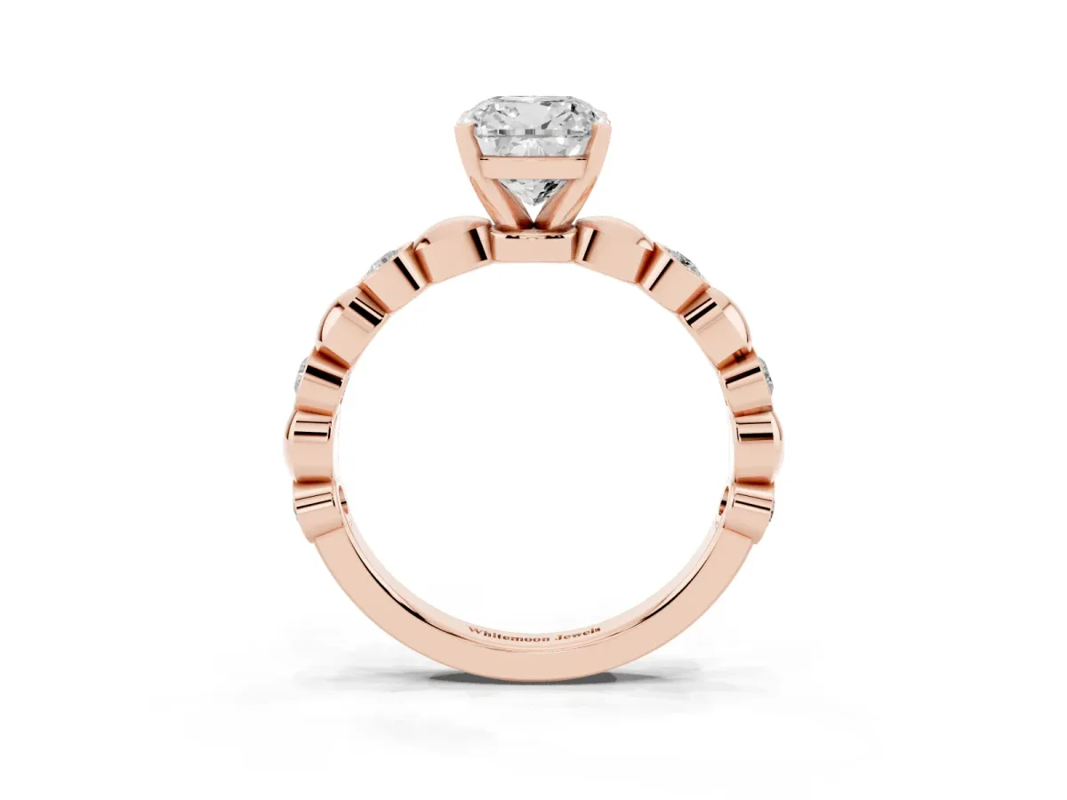 Cushion Cut Solitaire Bezel-Set Diamond Ring with Beaded Band and Four-Prong Setting Rose gold