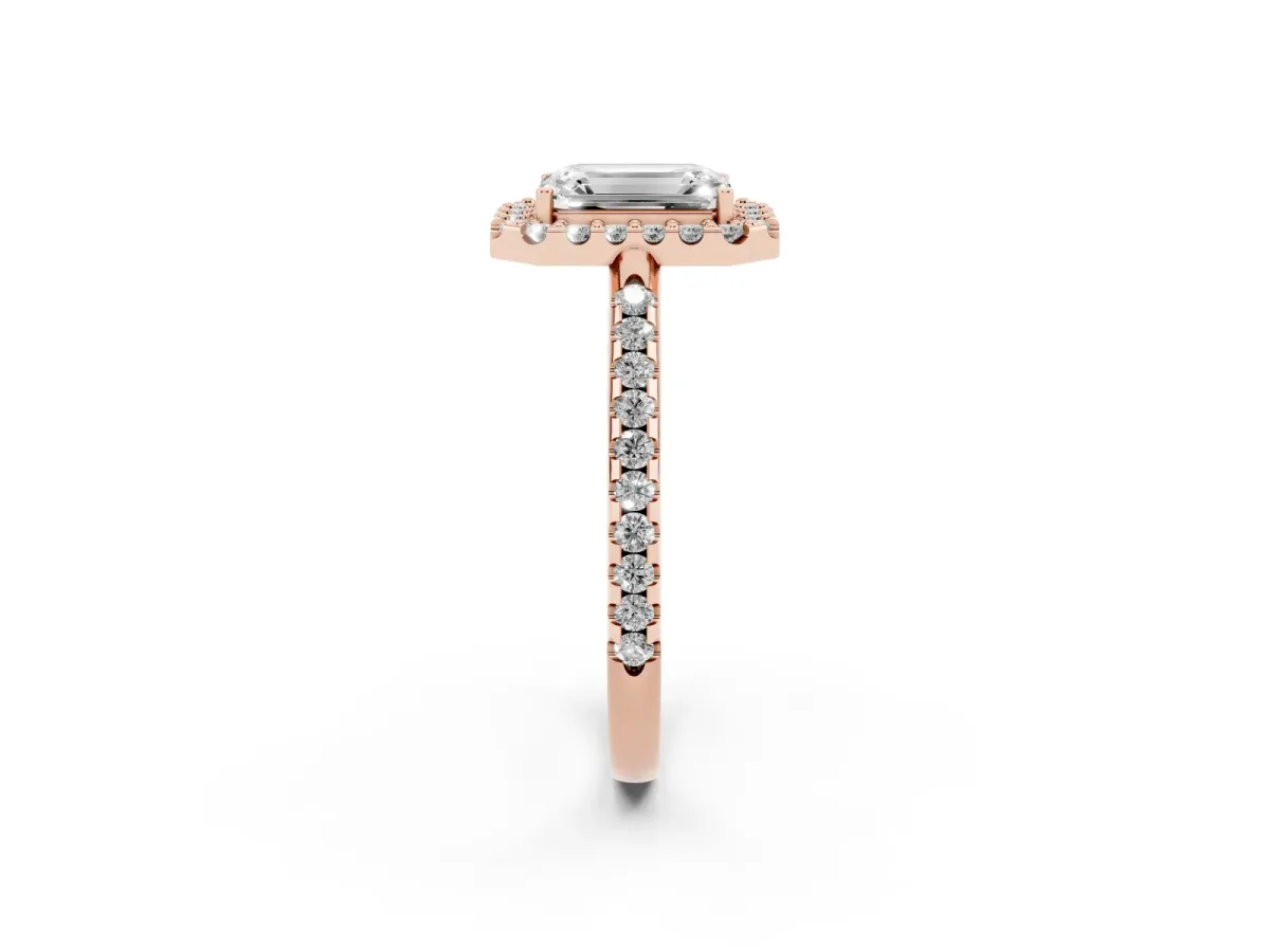 Emerald Cut Diamond Pavé Halo Ring with Four-Prong Setting Rose gold