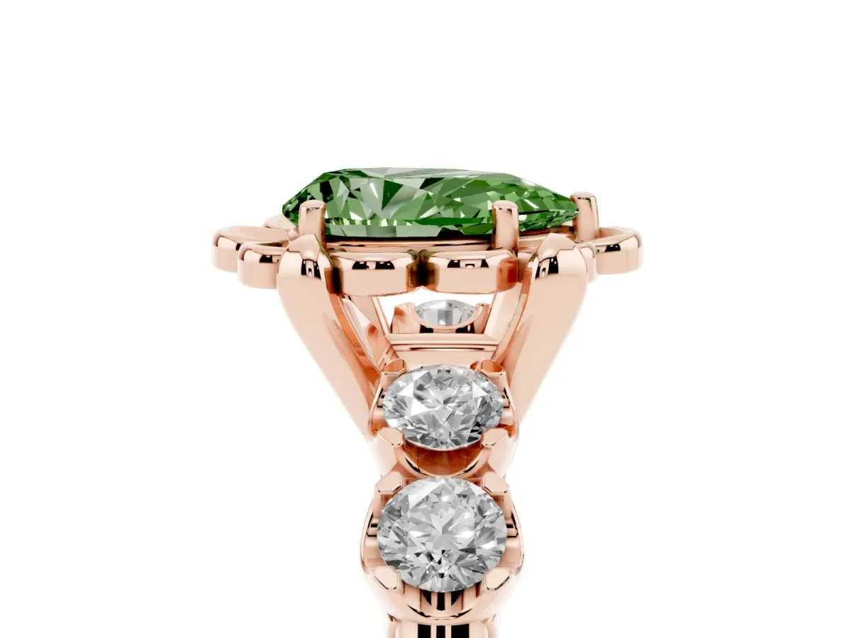 Fancy Green Pear Cut Cut Diamond Floral Halo Engagement Ring with Shared Prong Setting Rose gold