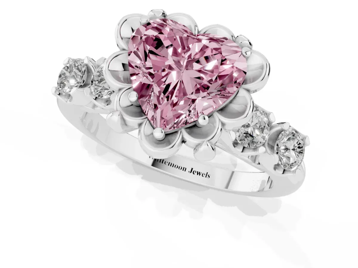 Fancy Pink Heart Cut Cut Diamond Floral Halo Engagement Ring with Shared Prong Setting Silver