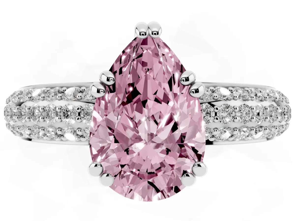Fancy Pink Pear Cut Diamond Solitaire Ring with Multi-Row Round Pavé Band and Prong Setting Silver