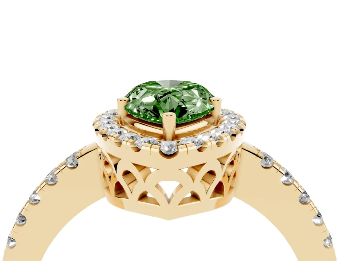 Fancy Green Pear Cut Halo Diamond Engagement Ring with Pavé Band and Four-Prong Setting Yellow gold