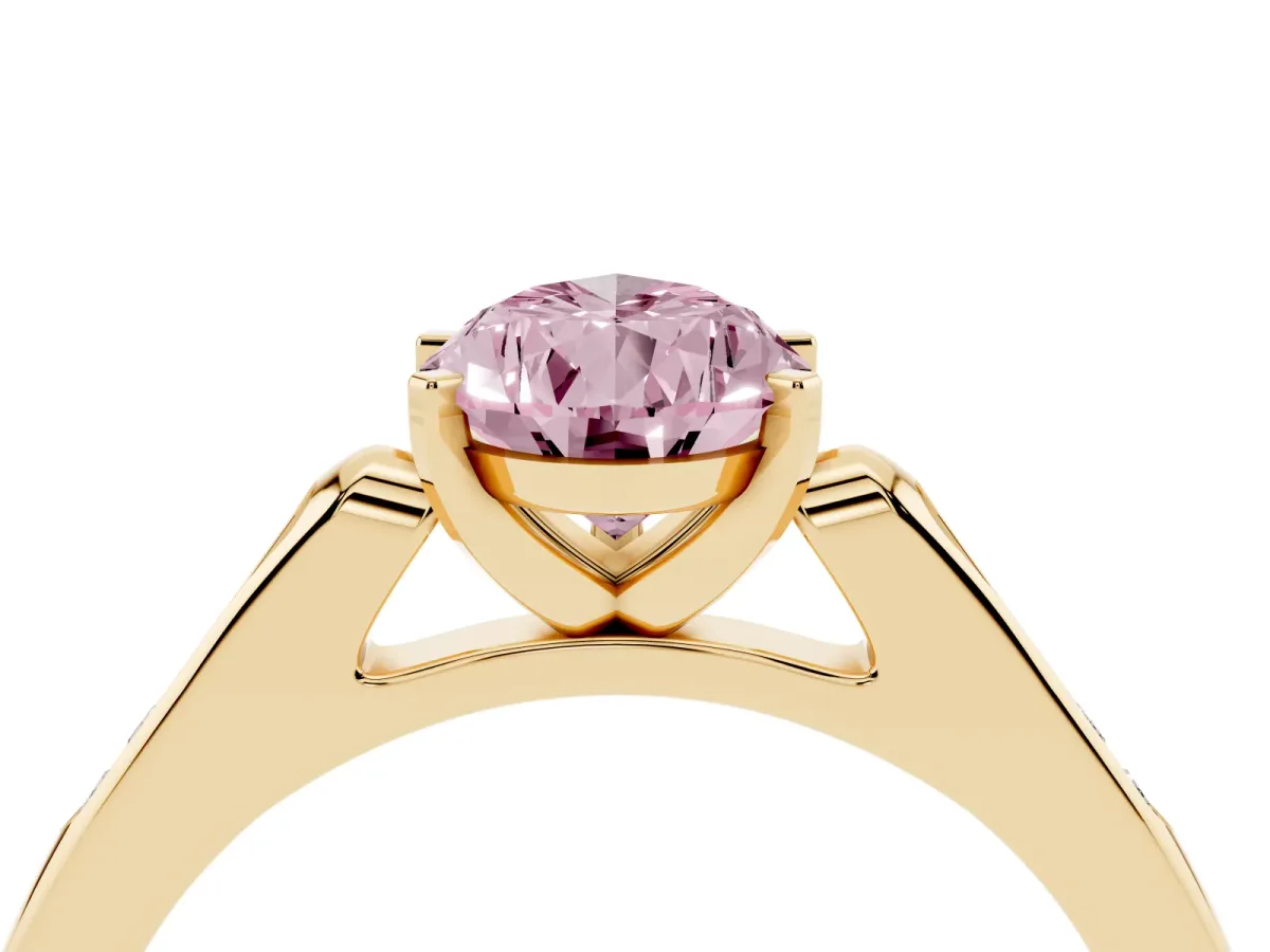 Fancy Pink Pear Cut Diamond Solitaire Ring with Channel Set Round Band and Prong Setting Yellow gold